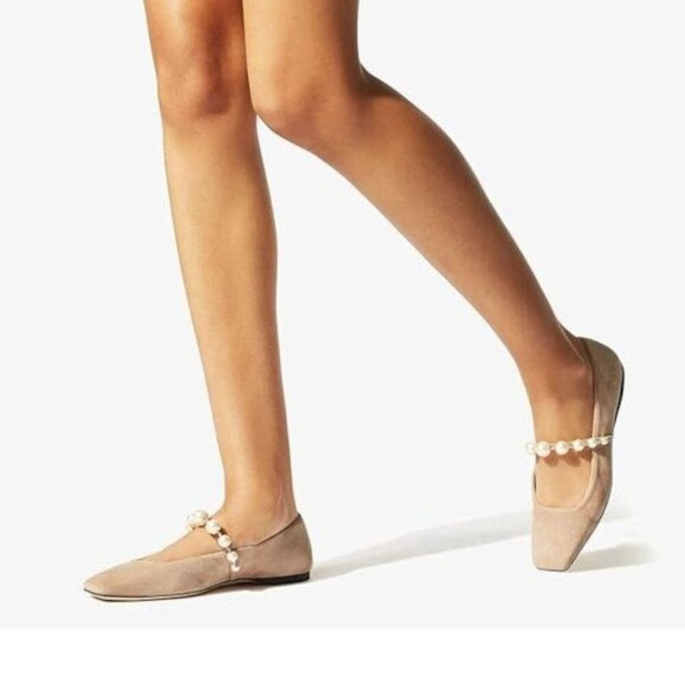 Pearl-Embellished Taupe Suede Mary Jane Flats